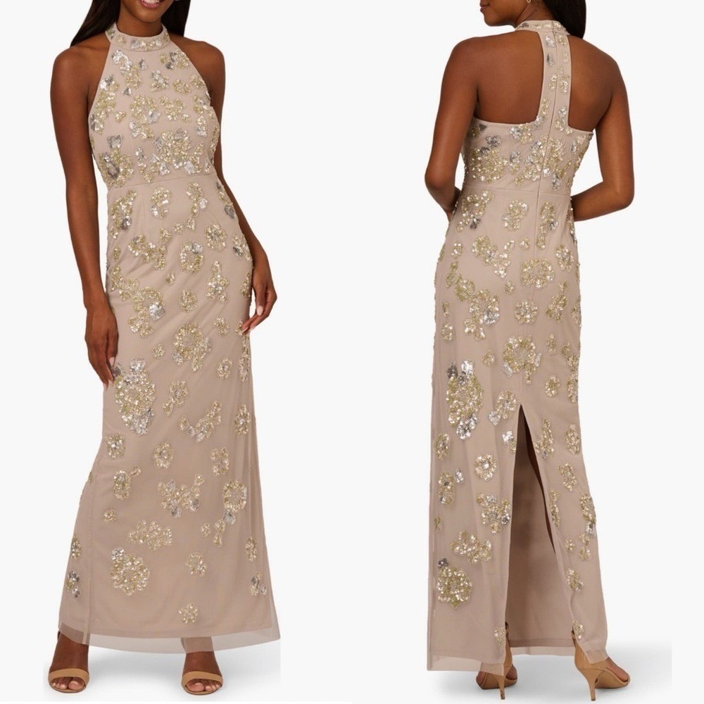 Adrianna Papell Sequin Floral High Neck Column Gown, Size 8, Marble/Mauve,‎ NWT